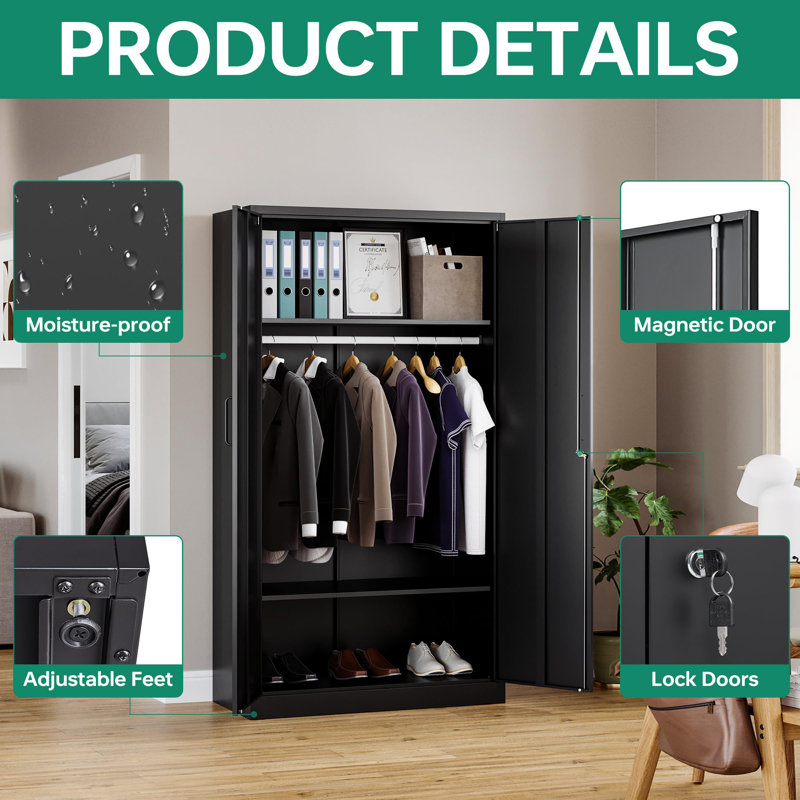36 Inch Wide Metal Wardrobe Cabinets Storage Cabinets with Lock Black